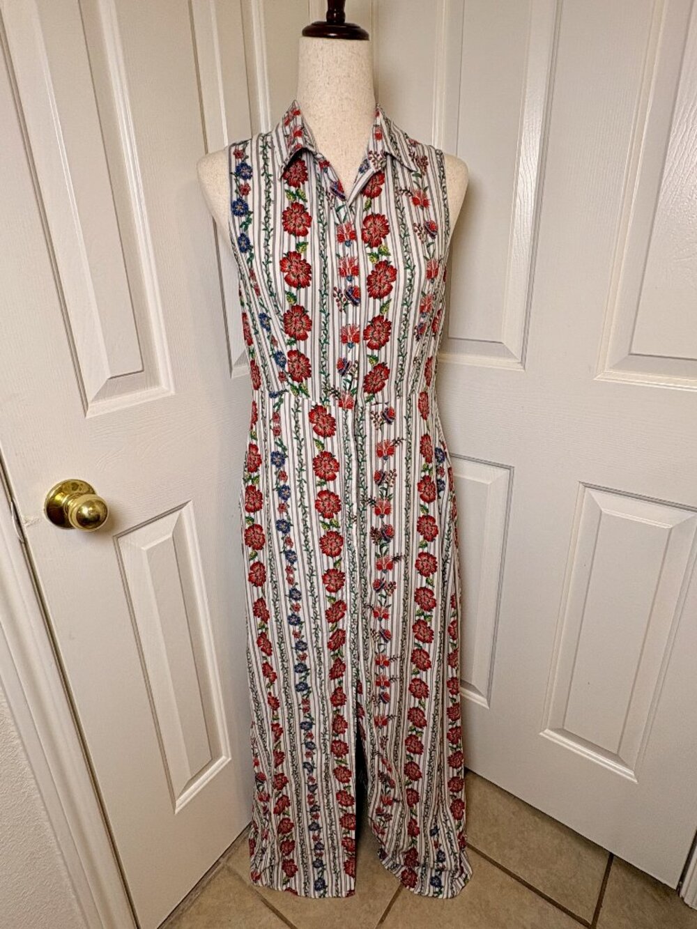 Nixon Asked Cash Navy White Floral Striped Sleeveless Maxi Shirt Dress Large